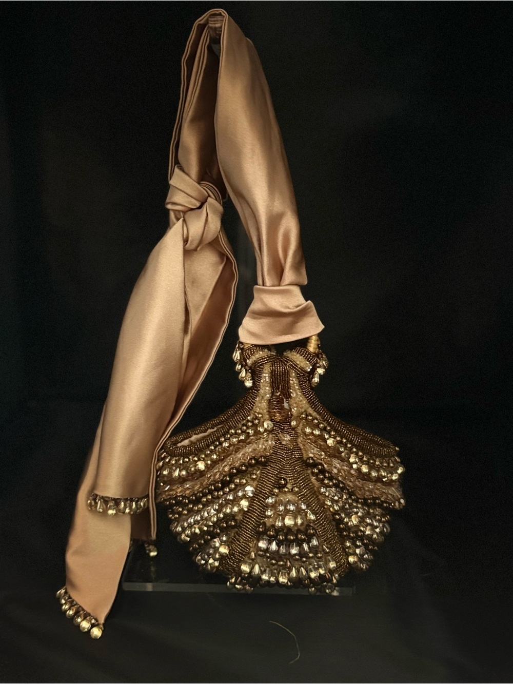 Vintage Beavaldes Elegant Gold Beaded Shoulder Bag with Silk Scarf Strap